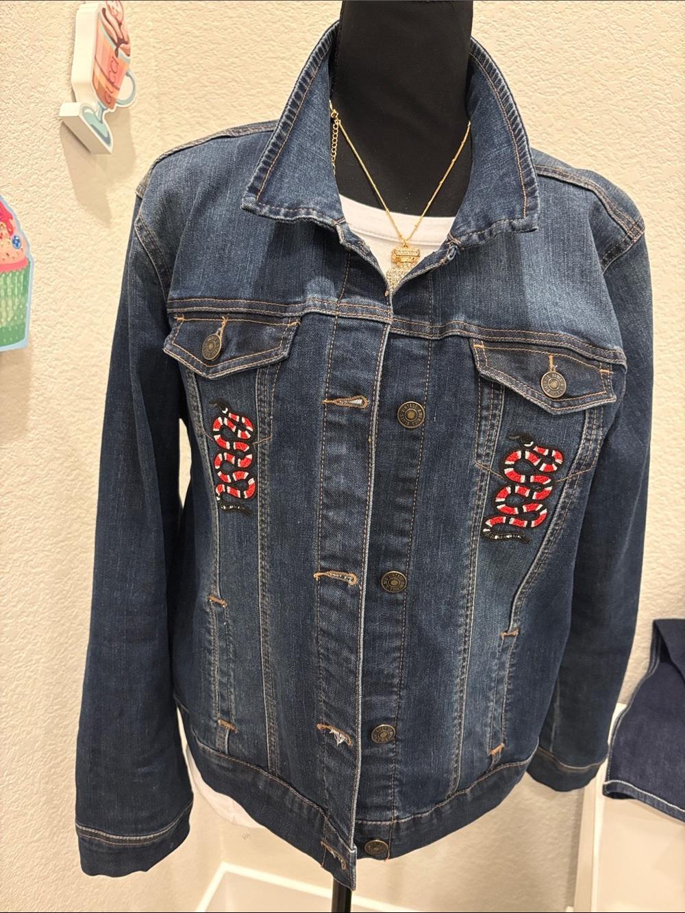Vintage America Blue Denim Jean Jacket with Red Snake Embroidery Large L